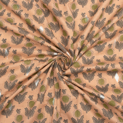 Light Peach And Grey Floral Pattern Handblock Cotton Lurex Fabric