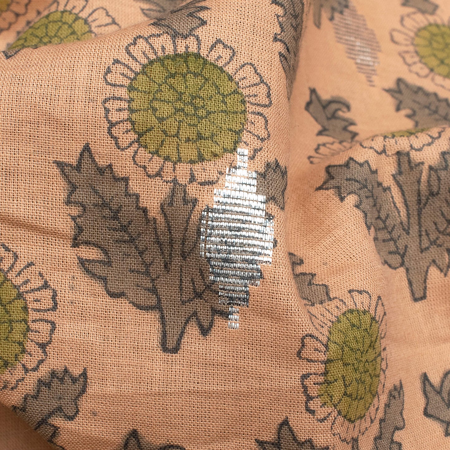 Light Peach And Grey Floral Pattern Handblock Cotton Lurex Fabric