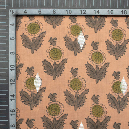 Light Peach And Grey Floral Pattern Handblock Cotton Lurex Fabric