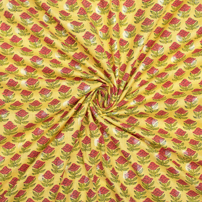 Laguna Yellow And Cerise Pink Floral Pattern Handblock Cotton Lurex Fabric