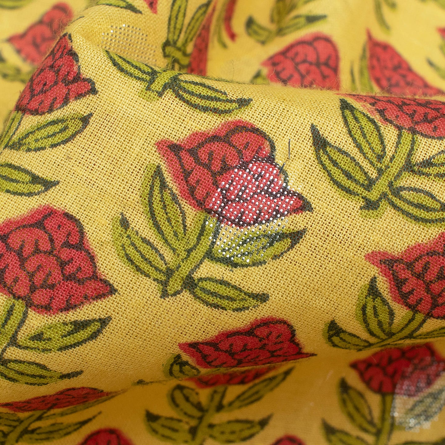 Laguna Yellow And Cerise Pink Floral Pattern Handblock Cotton Lurex Fabric