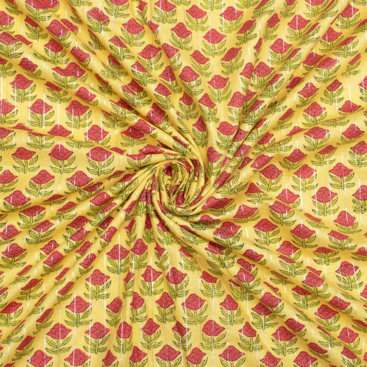 Laguna Yellow And Cerise Pink Floral Pattern Handblock Cotton Lurex Fabric