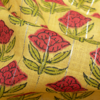Laguna Yellow And Cerise Pink Floral Pattern Handblock Cotton Lurex Fabric