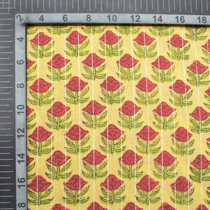 Laguna Yellow And Cerise Pink Floral Pattern Handblock Cotton Lurex Fabric