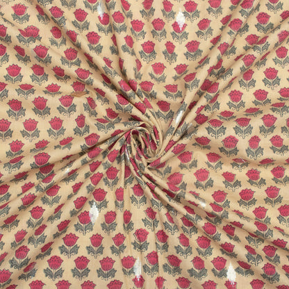Oyster Beige And Cerise Pink Floral Pattern Handblock Cotton Lurex Fabric