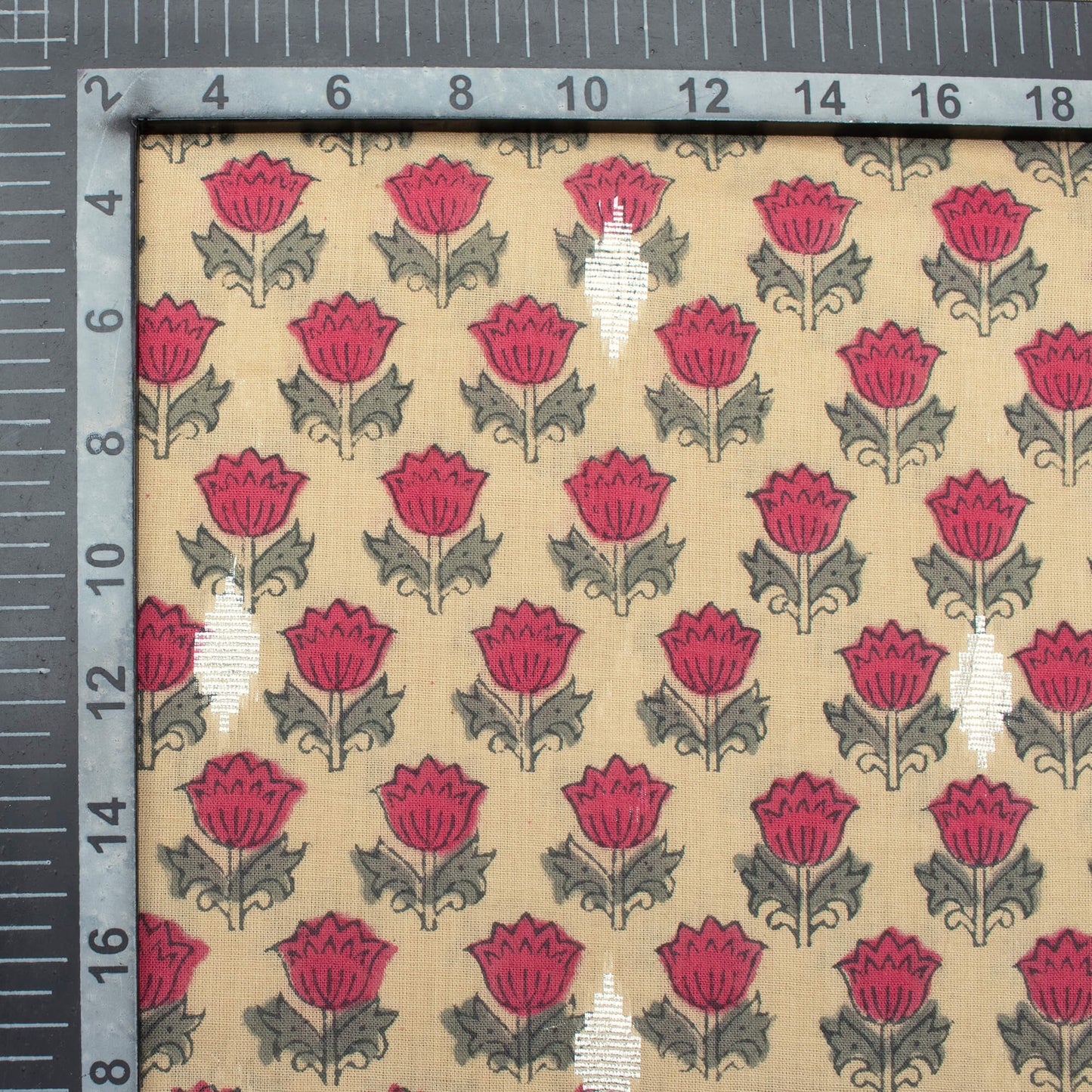 Oyster Beige And Cerise Pink Floral Pattern Handblock Cotton Lurex Fabric