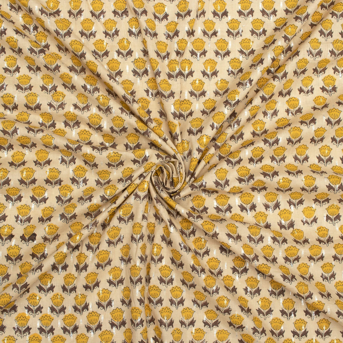 Beige And Tuscany Yellow Floral Pattern Handblock Cotton Lurex Fabric