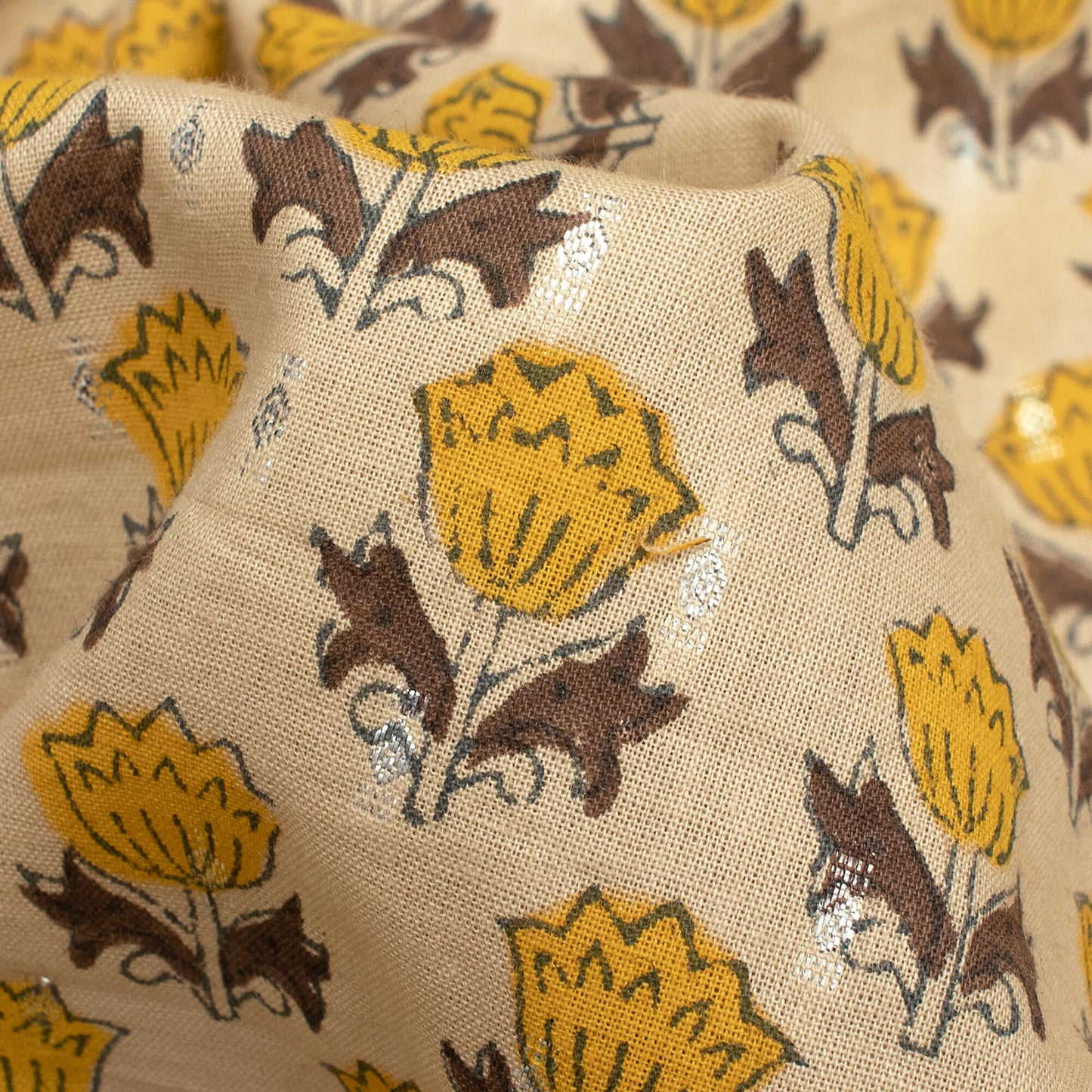 Beige And Tuscany Yellow Floral Pattern Handblock Cotton Lurex Fabric