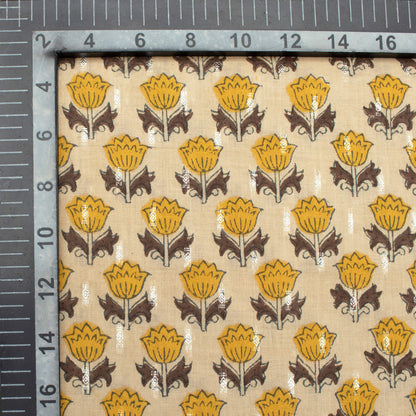 Beige And Tuscany Yellow Floral Pattern Handblock Cotton Lurex Fabric