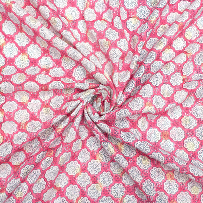 Rose Pink And White Floral Pattern Handblock Cotton Lurex Fabric