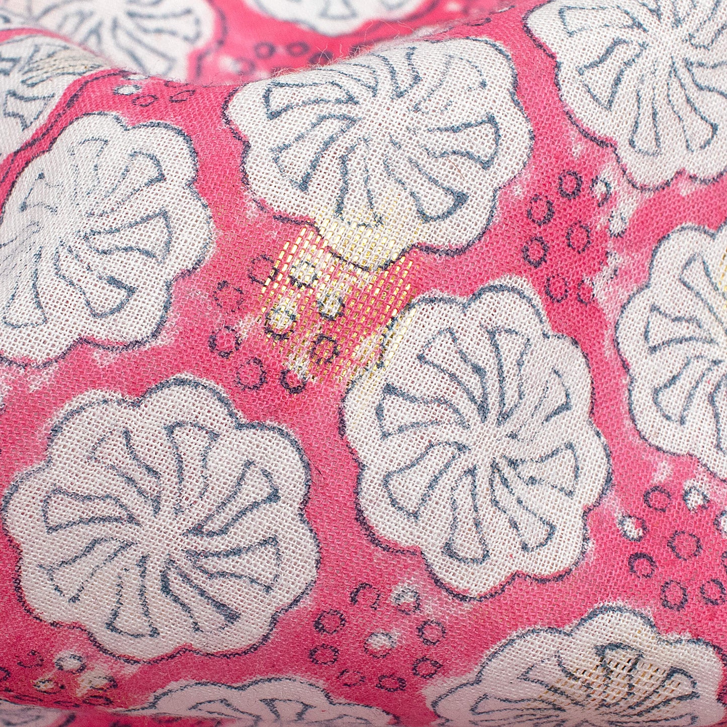 Rose Pink And White Floral Pattern Handblock Cotton Lurex Fabric