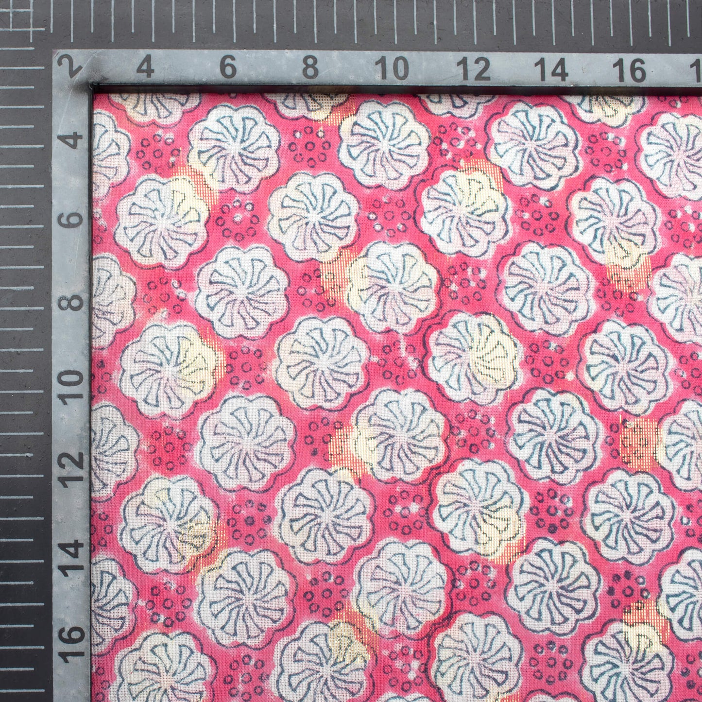 Rose Pink And White Floral Pattern Handblock Cotton Lurex Fabric