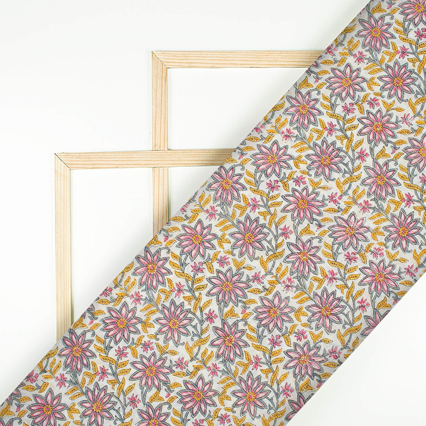 (Cut Piece 1.7 Mtr) White And Rose Pink Floral Pattern Handblock Cotton Lurex Fabric