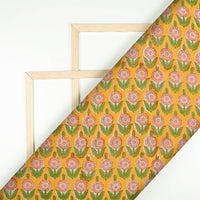 Yellow And Peach Floral Pattern Handblock Cotton Fabric - Fabcurate