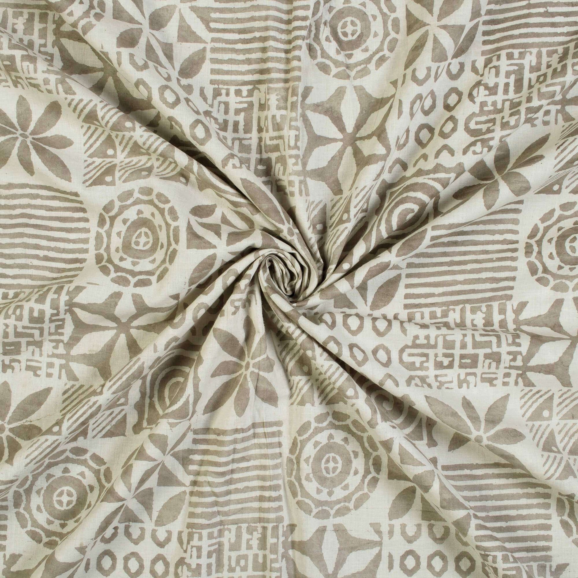 Brown And Off White Floral Pattern Kashish Handblock Cotton Fabric - Fabcurate