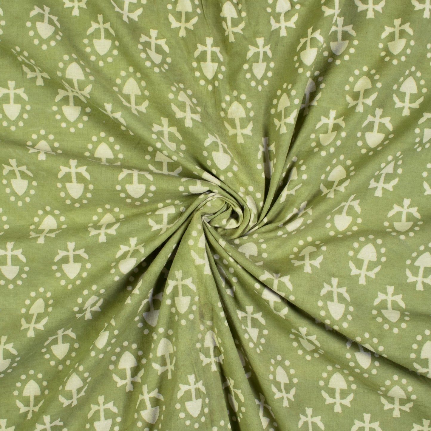Moss Green And Cream Geometric Pattern Handblock Cotton Fabric - Fabcurate