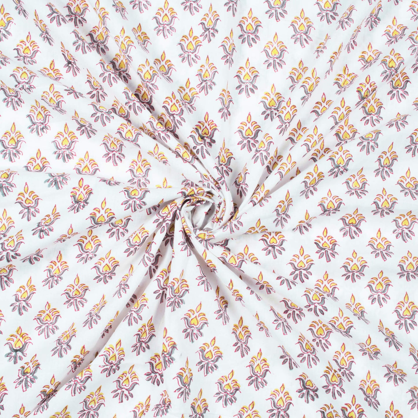 White And Mustard Yellow Booti Pattern Natural Dye Handblock Organic Cotton Fabric