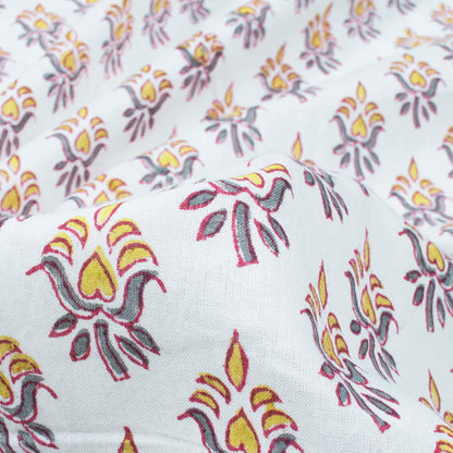 White And Mustard Yellow Booti Pattern Natural Dye Handblock Organic Cotton Fabric