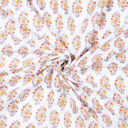 White And Orange Floral Pattern Natural Dye Handblock Organic Cotton Fabric