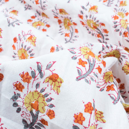 White And Orange Floral Pattern Natural Dye Handblock Organic Cotton Fabric