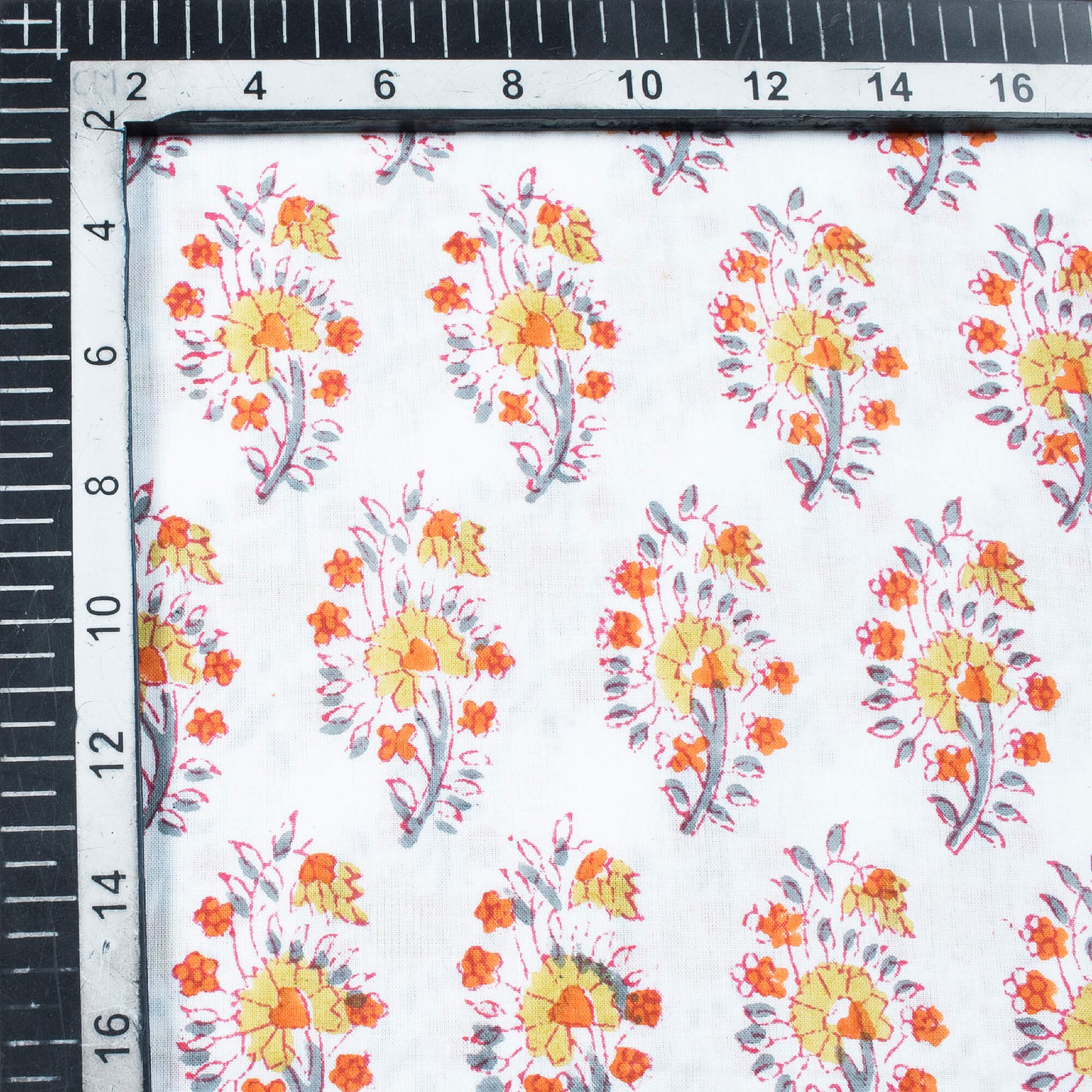 White And Orange Floral Pattern Natural Dye Handblock Organic Cotton Fabric