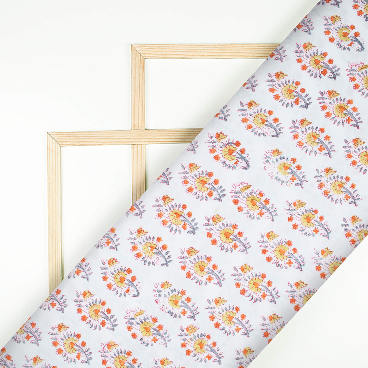 White And Orange Floral Pattern Natural Dye Handblock Organic Cotton Fabric