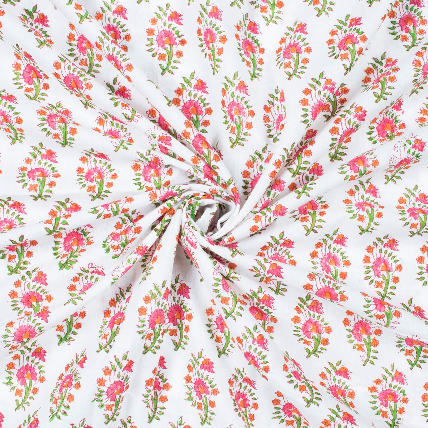 White And Brick Pink Floral Pattern Natural Dye Handblock Organic Cotton Fabric