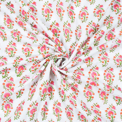 White And Brick Pink Floral Pattern Natural Dye Handblock Organic Cotton Fabric