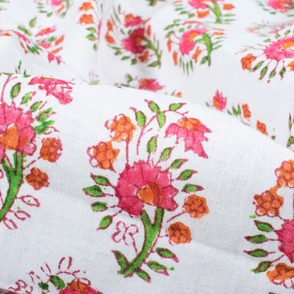 White And Brick Pink Floral Pattern Natural Dye Handblock Organic Cotton Fabric