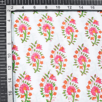 White And Brick Pink Floral Pattern Natural Dye Handblock Organic Cotton Fabric