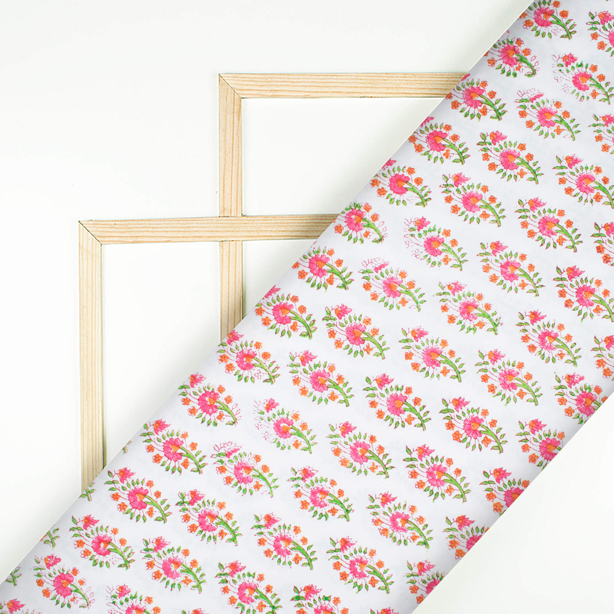 White And Brick Pink Floral Pattern Natural Dye Handblock Organic Cotton Fabric - Fabcurate