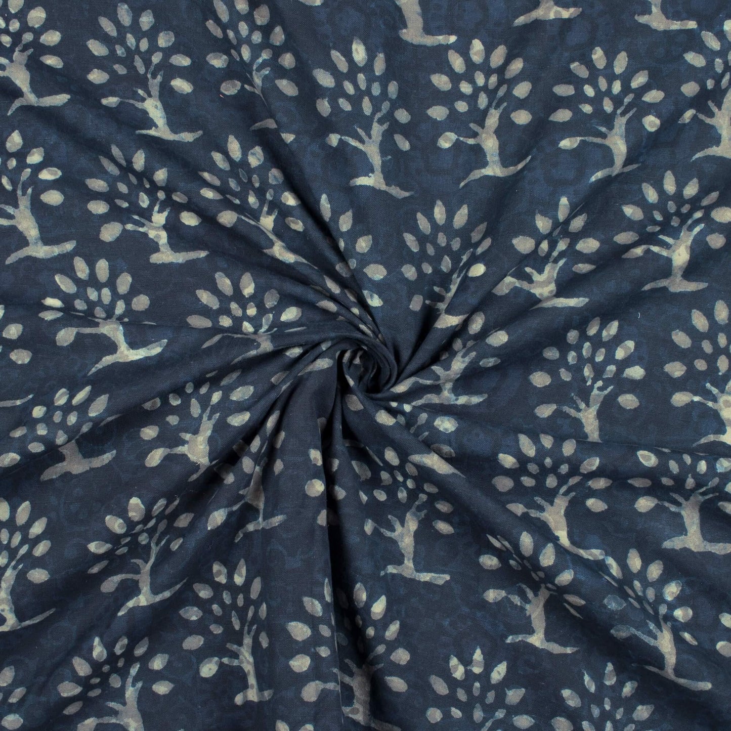 (Cut Piece 0.6 Mtr) Dark Blue And Grey Tree Pattern Kashish Handblock Cotton Flex Fabric - Fabcurate