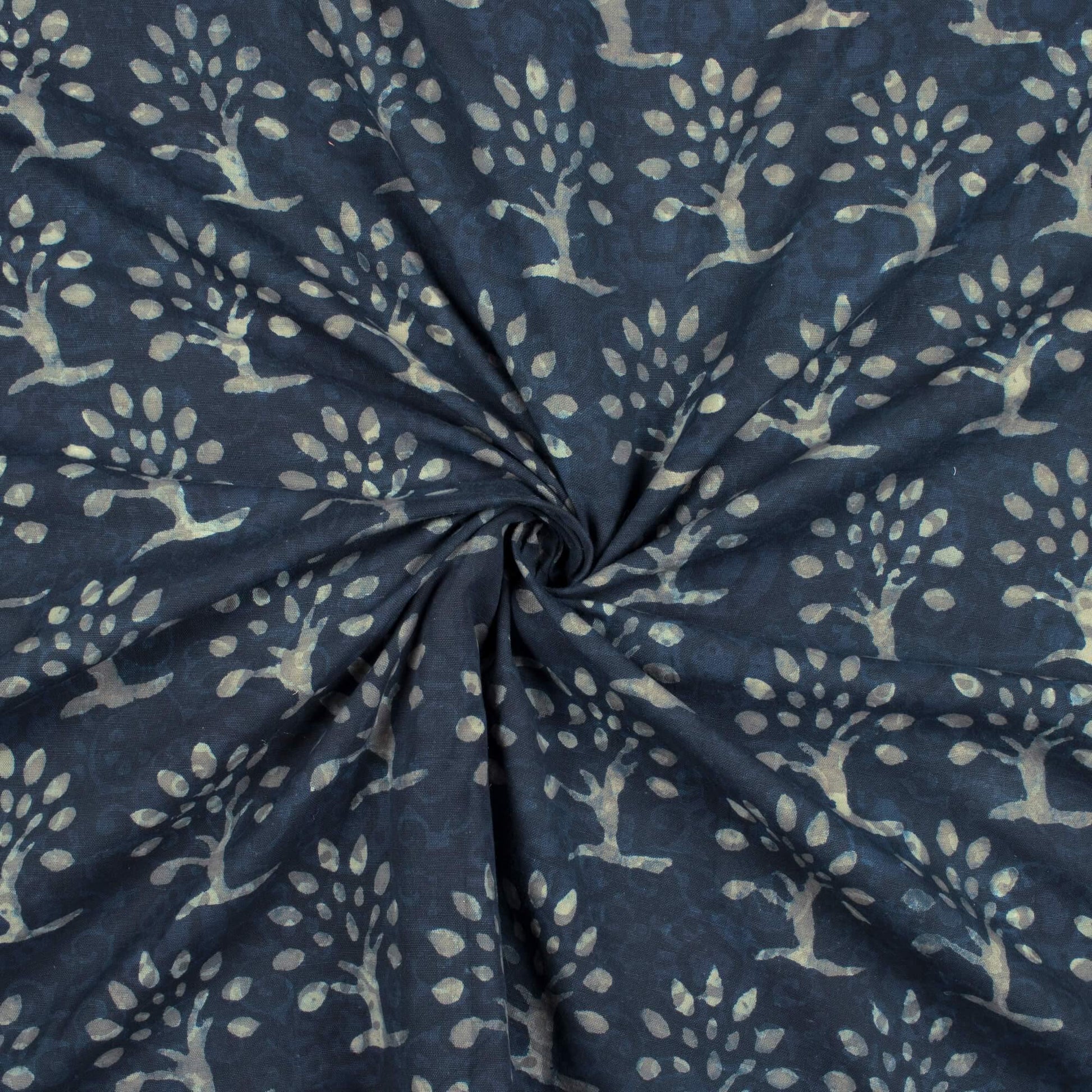 (Cut Piece 0.6 Mtr) Dark Blue And Grey Tree Pattern Kashish Handblock Cotton Flex Fabric - Fabcurate