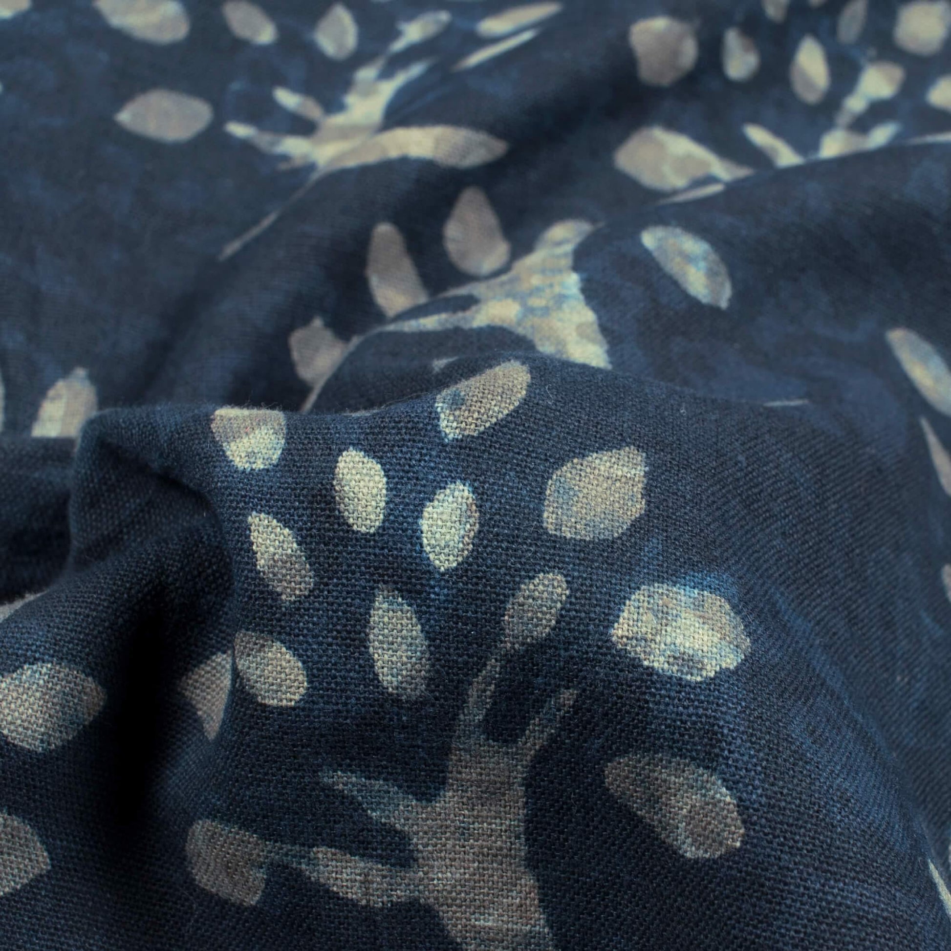 (Cut Piece 0.6 Mtr) Dark Blue And Grey Tree Pattern Kashish Handblock Cotton Flex Fabric - Fabcurate