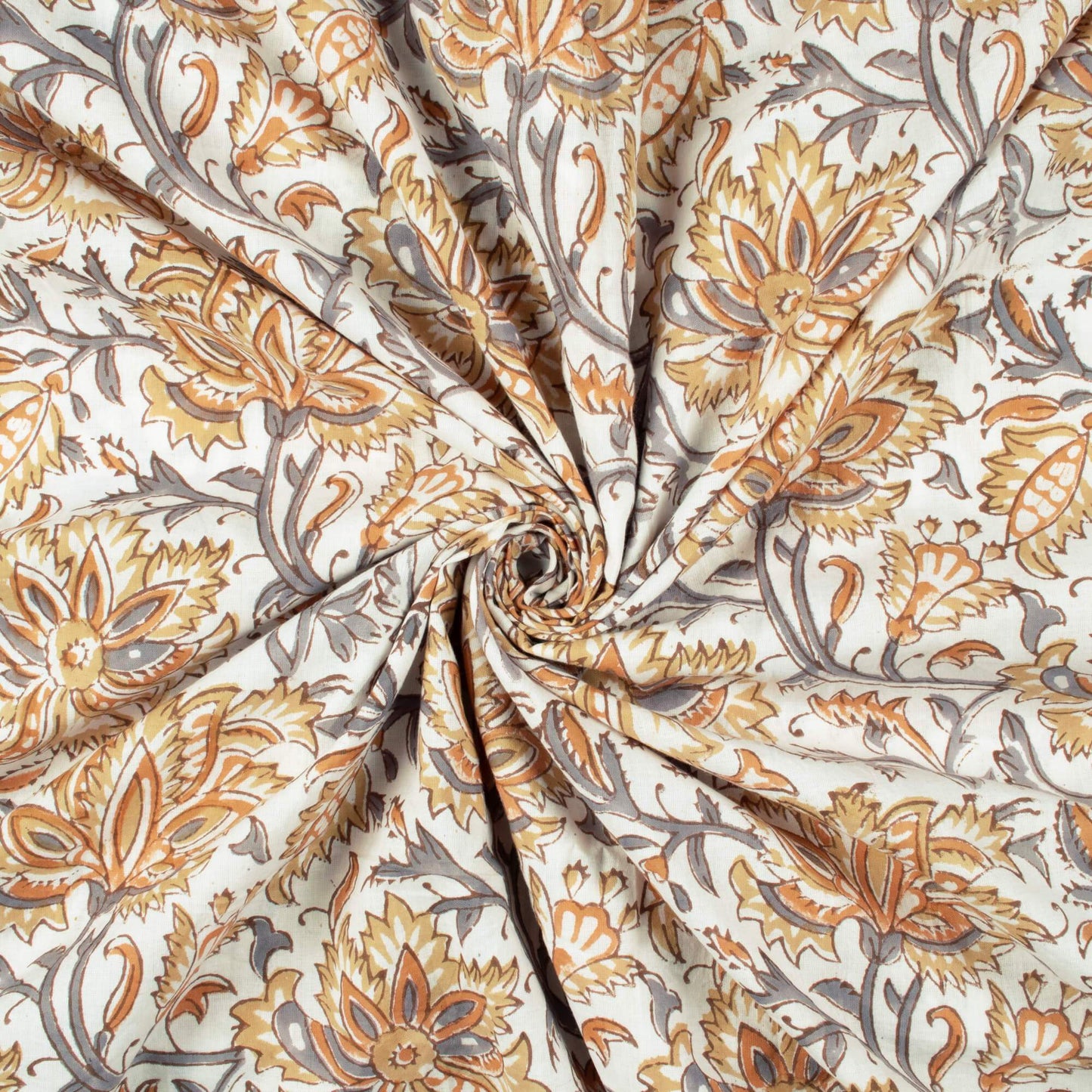 (Cut Piece 2 Mtr) Off White And Ecru Yellow Floral Pattern Handblock Cotton Fabric