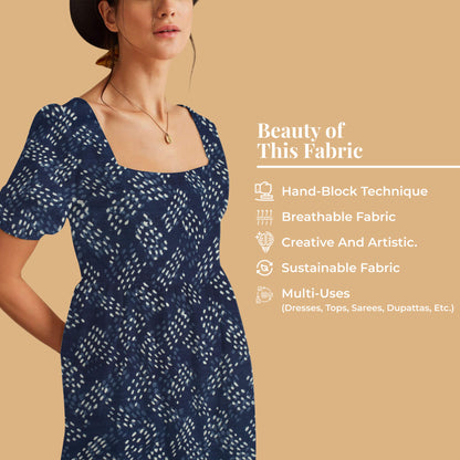 Indigo Abstract Pattern Natural Dye Handblock Cotton Fabric