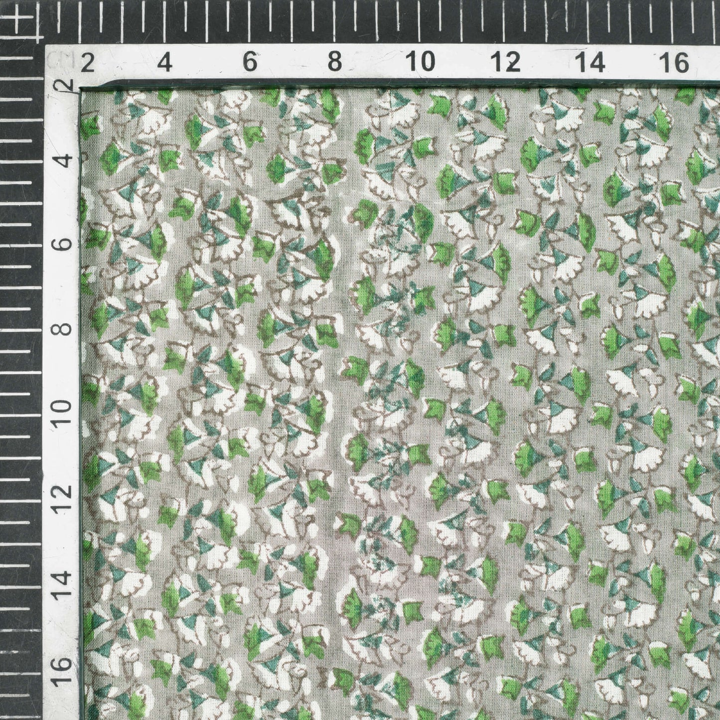 Grey And Pear Green Floral Pattern Handblock Cotton Mulmul Fabric