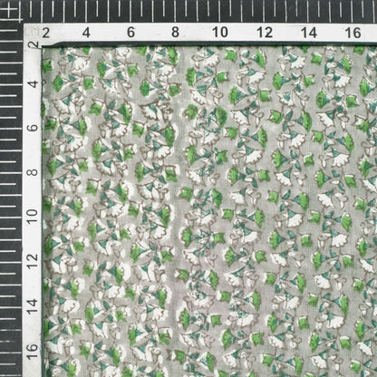 Grey And Pear Green Floral Pattern Handblock Cotton Mulmul Fabric