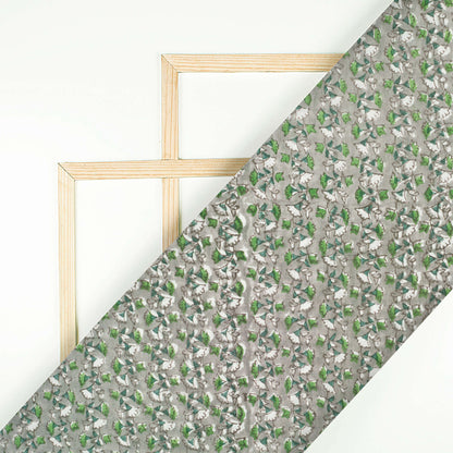 Grey And Pear Green Floral Pattern Handblock Cotton Mulmul Fabric - Fabcurate