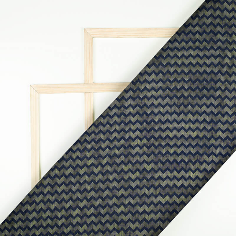 Navy Blue And Beige Chevron Pattern Woven Handloom Cotton Fabric - Fabcurate