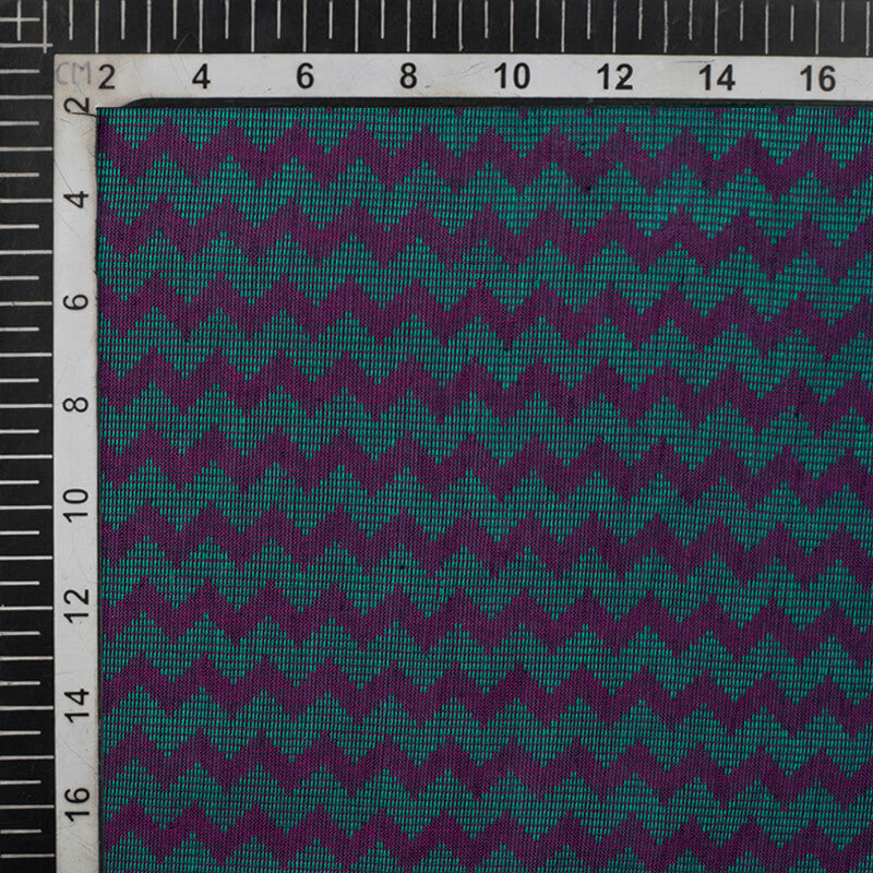 Eggplant Purple And Teal Green Chevron Pattern Woven Handloom Cotton Fabric - Fabcurate