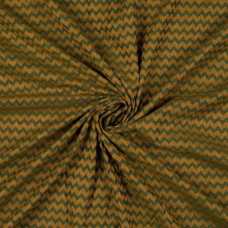 Moss Green And Gold Yellow Chevron Pattern Woven Handloom Cotton Fabric - Fabcurate