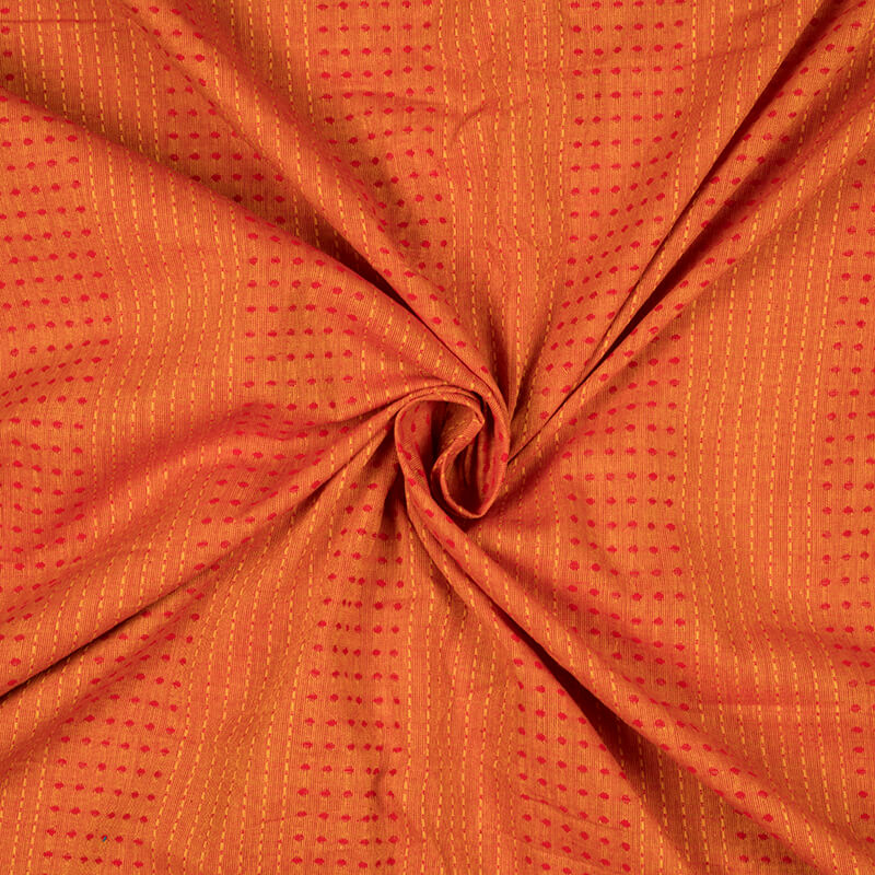 Orange And Maroon Kantha Pattern Dobby Handloom Cotton Fabric - Fabcurate