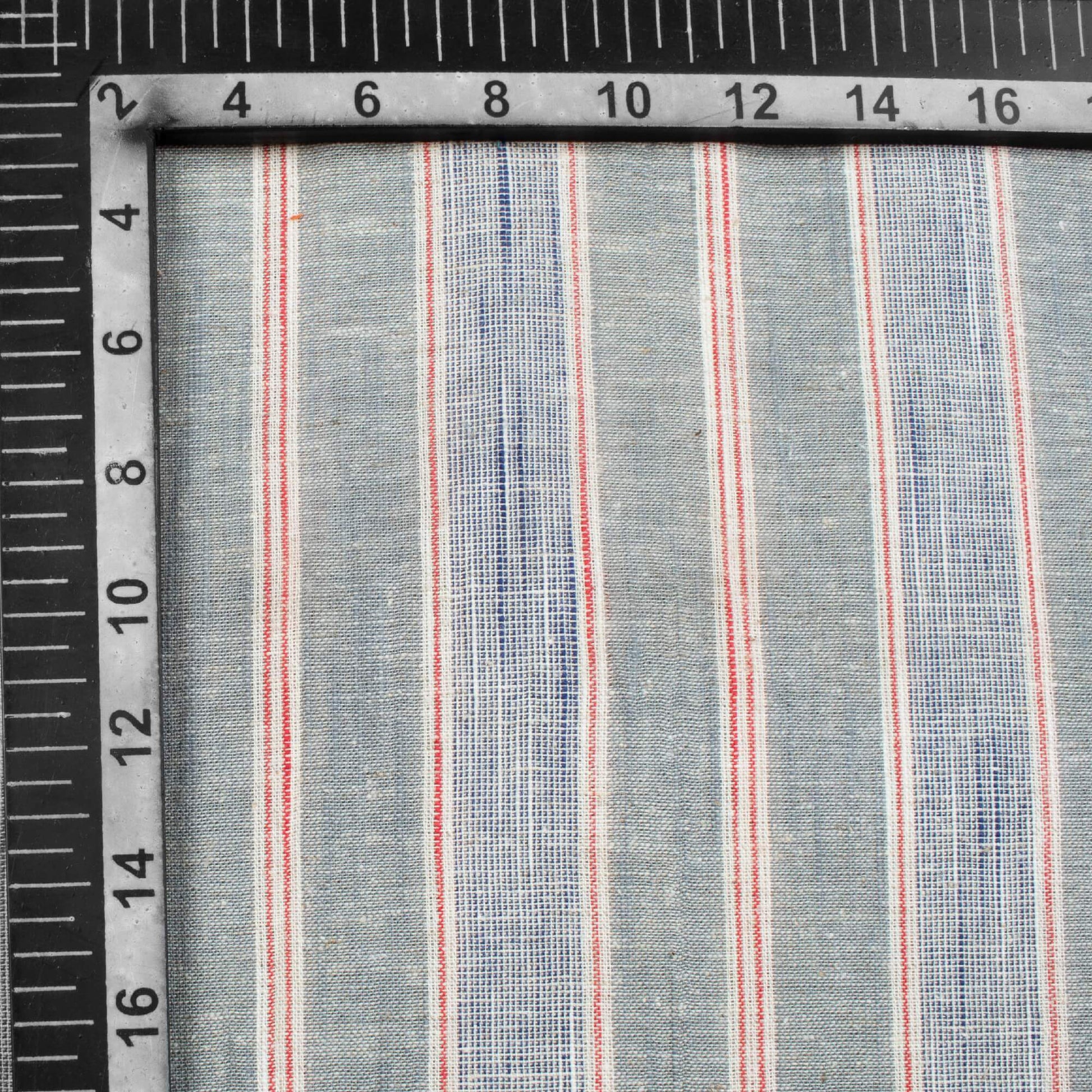 Dolphin Grey And Red Stripes Pattern Handloom Cotton Flex Fabric - Fabcurate