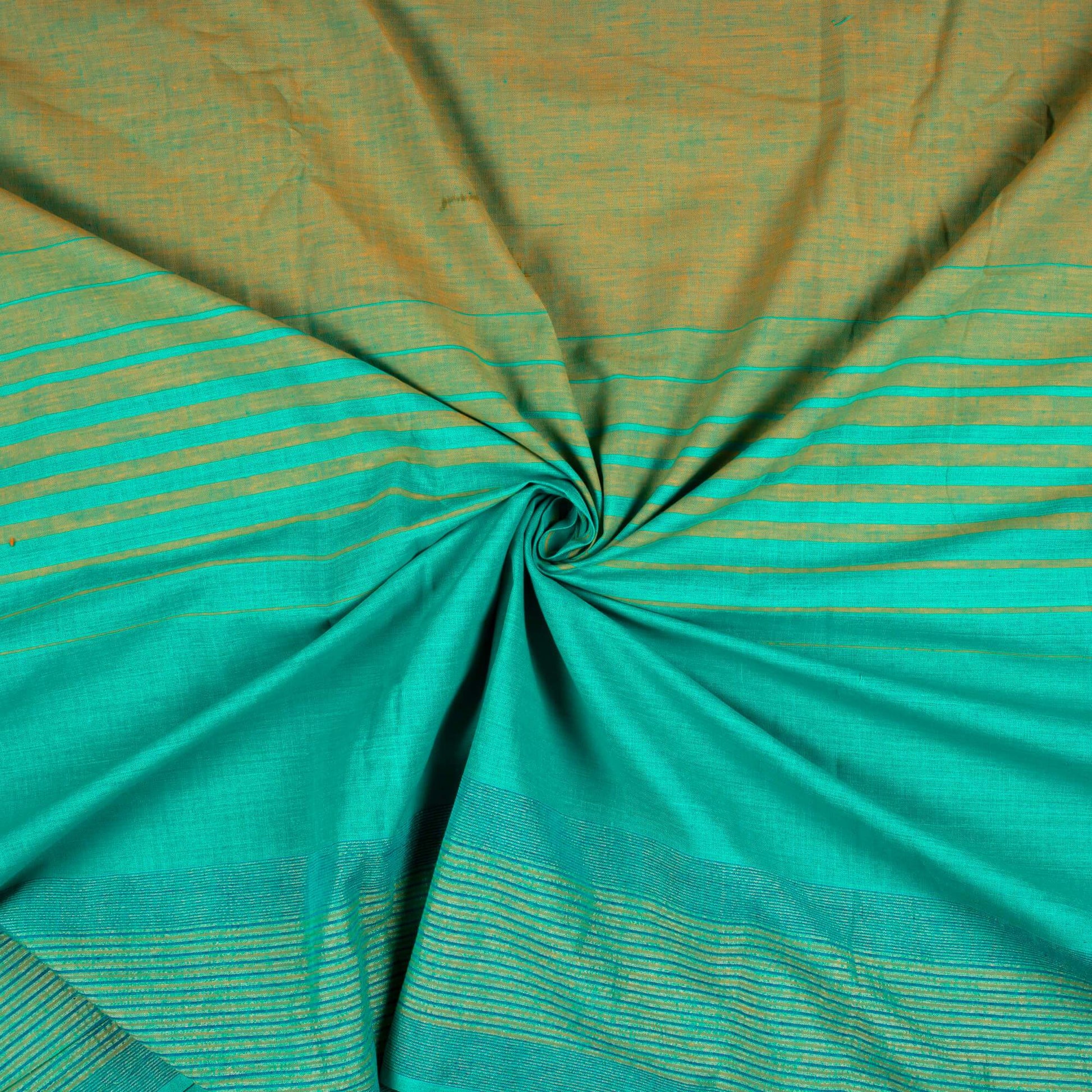 Turquoise And Orange Stripes Pattern Dual Tone With Zari Border Handloom Cotton Slub Fabric - Fabcurate