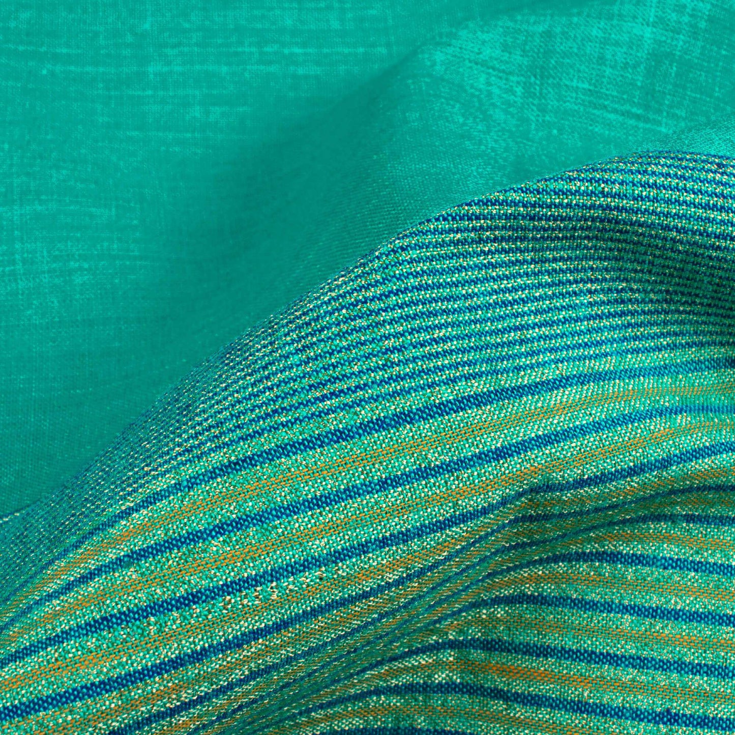 Turquoise And Orange Stripes Pattern Dual Tone With Zari Border Handloom Cotton Slub Fabric - Fabcurate