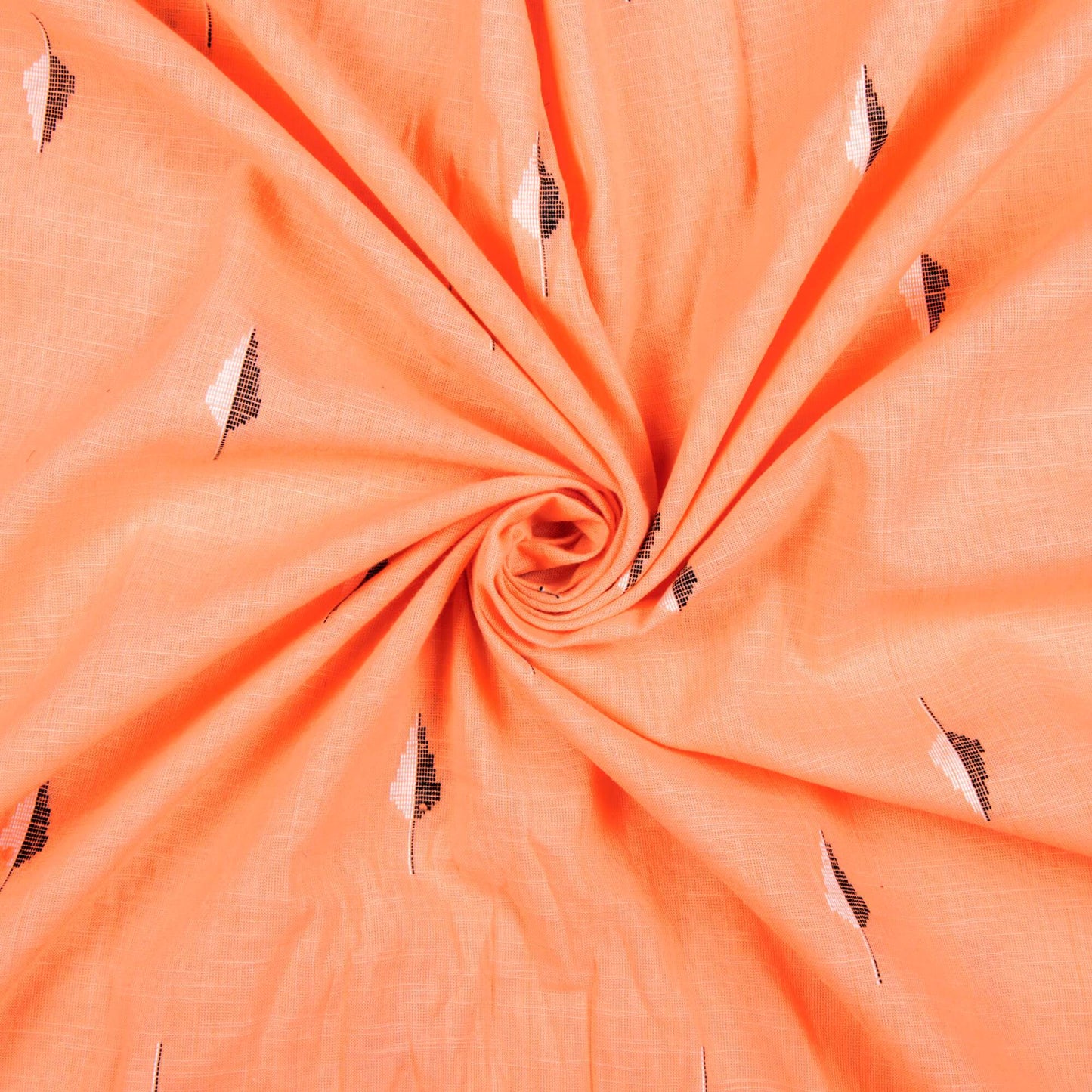 Salmon Orange And Black Leaf Pattern Jamdani Handloom Cotton Slub Fabric