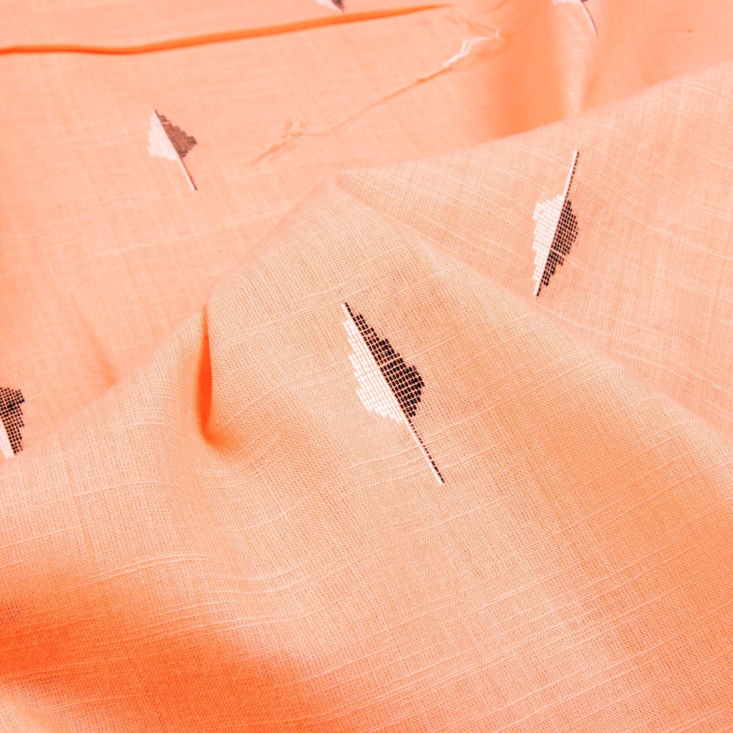 Salmon Orange And Black Leaf Pattern Jamdani Handloom Cotton Slub Fabric
