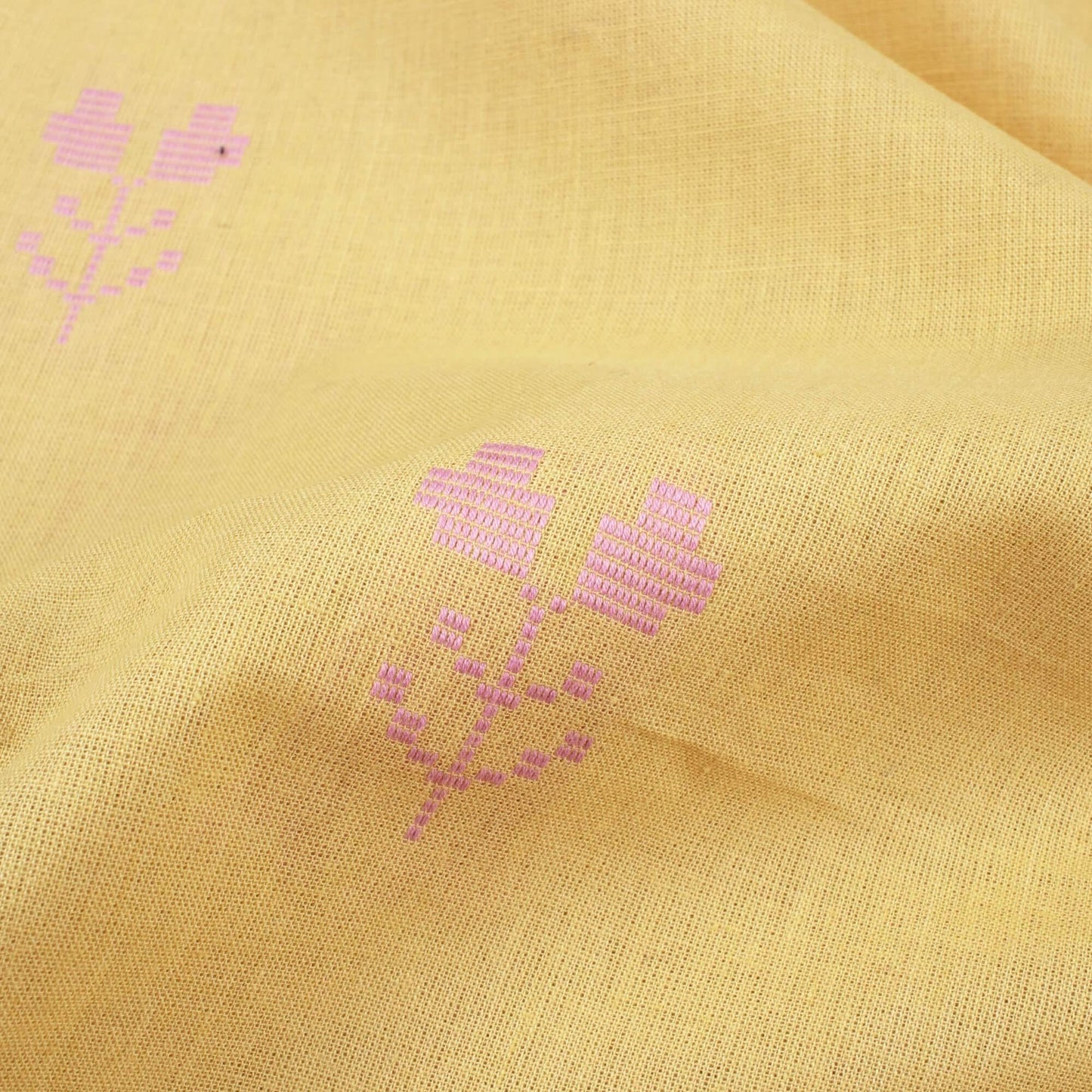 Mellow Yellow And Lavender Purple Booti Pattern Jamdani Handloom Cotton Fabric - Fabcurate