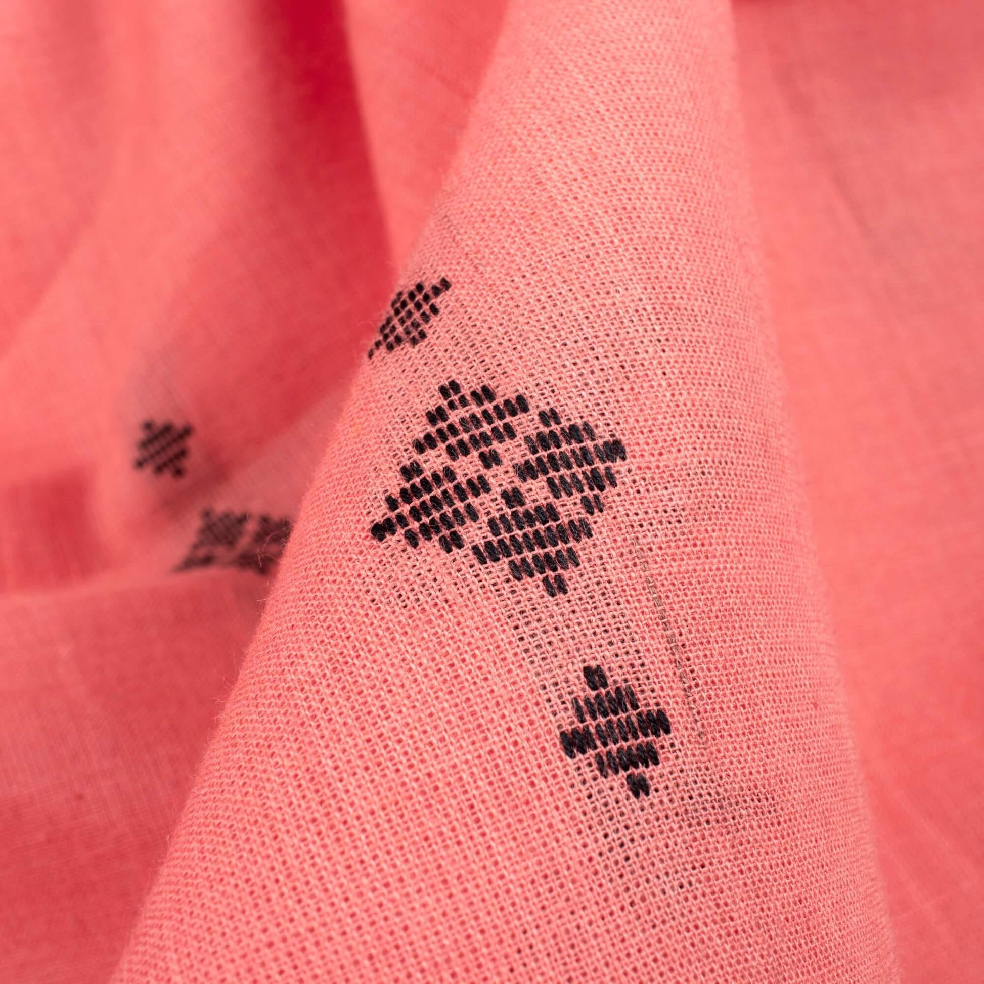Salmon Pink And Black Booti Pattern Jamdani Handloom Cotton Fabric - Fabcurate